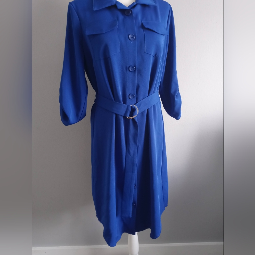 Dress  Women Tacera   Medium  buttons front Blue  Collared Belted  Midi  Medium